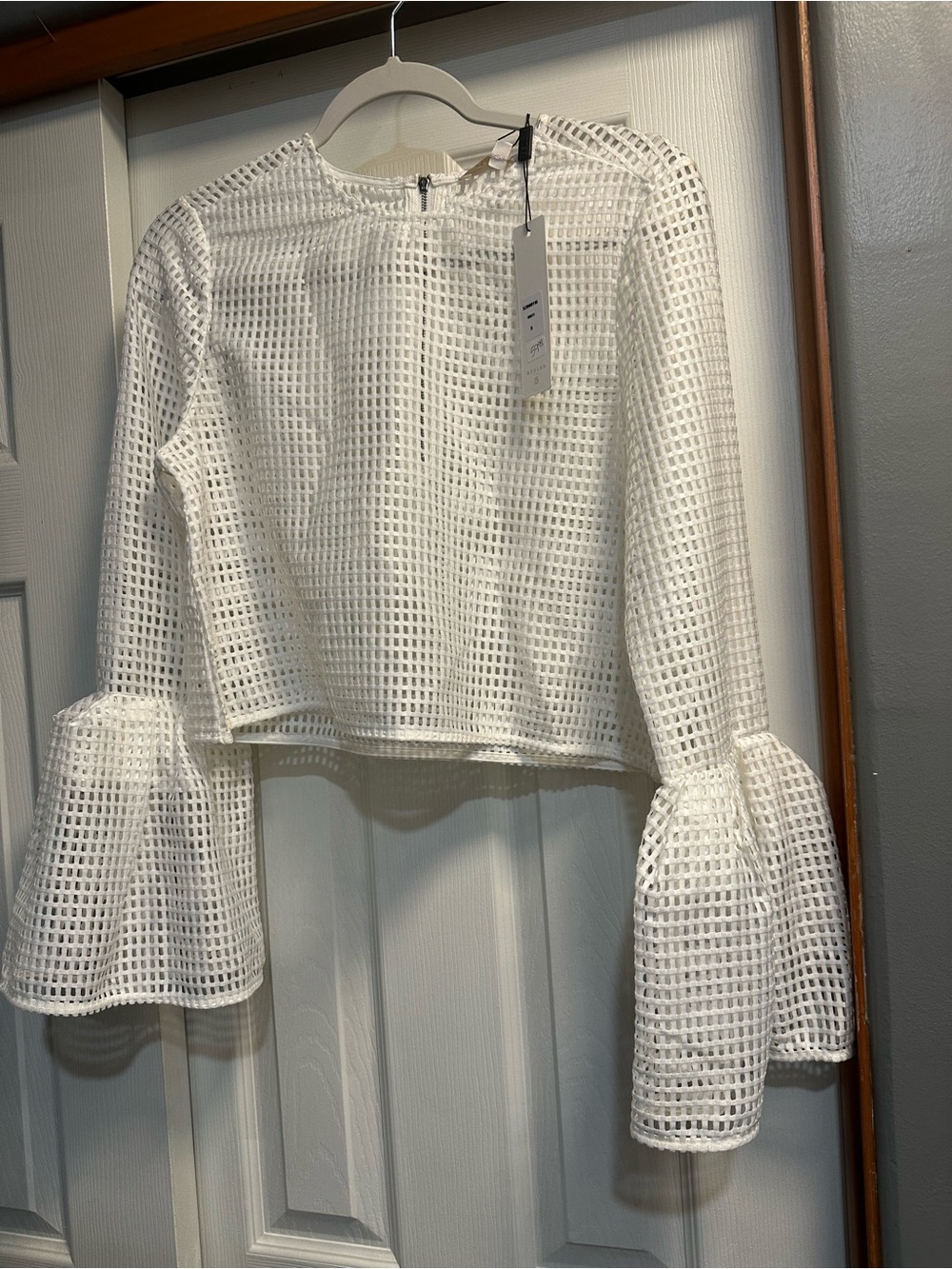 Beulah White Open-Weave Lattice Bell-Sleeve Top